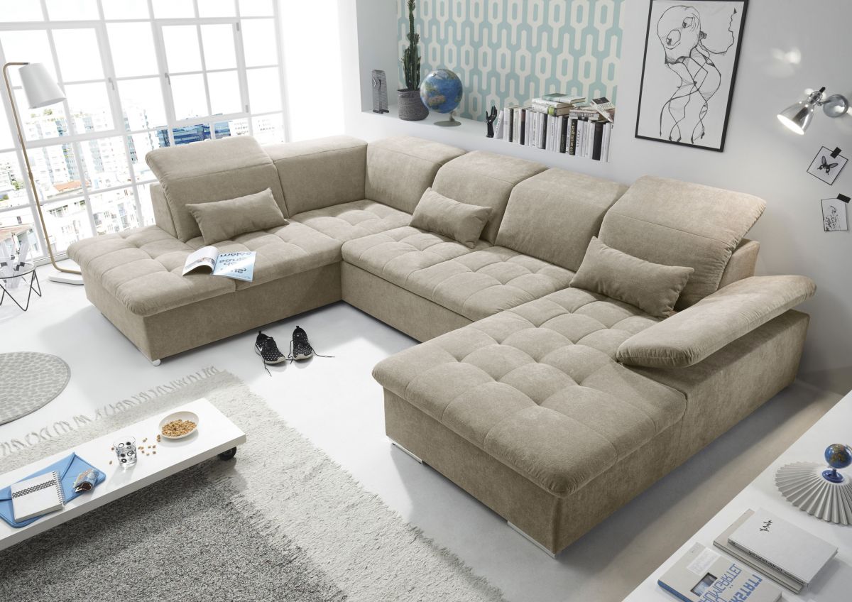 funktionale couch wayne sofa schlafcouch bettsofa schlafsofa sofabett  wohnlandschaft ausziehbar beige ottomane links u-form