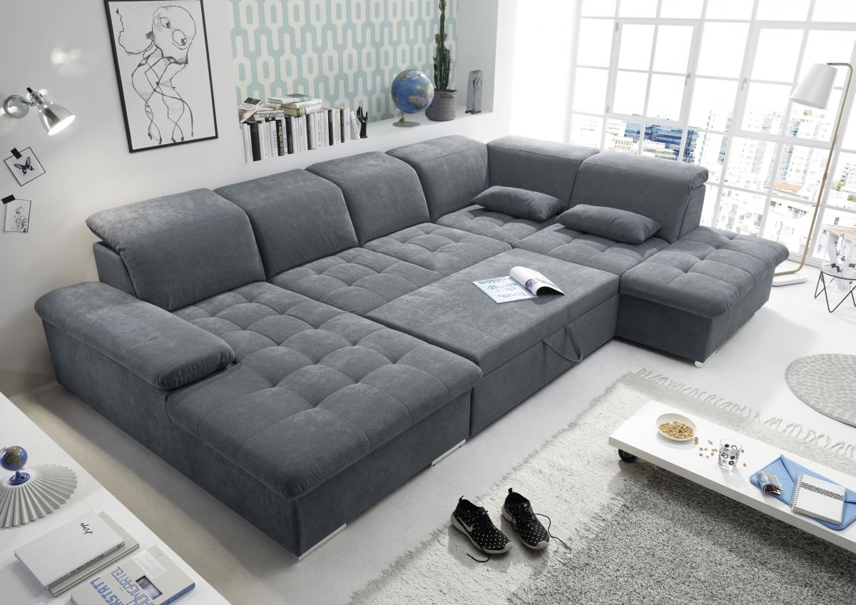 funktionale couch wayne sofa schlafcouch bettsofa schlafsofa sofabett  wohnlandschaft ausziehbar anthrazit ottomane rechts u-form