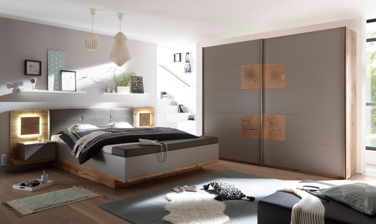 haysiyet Danimarka yenilik  Schlafzimmer Komplett Set 4-tlg. CAPRI XL Bett 180 Kleiderschrank grau  Wildeiche