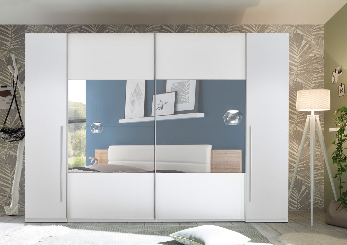 Schwebetürenschrank MEGA Kleiderschrank 11-türig Schrank Schlafzimmer weiß  11cm mit Spiegel