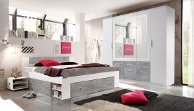 Schlafzimmer Komplett Set 4-tlg STEFAN Bett 180 Kleiderschrank weiß beton1